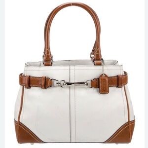 💐 Vintage Coach Hamptons Satchel White Leather Cognac Trim Dog-Leash Clip 💐